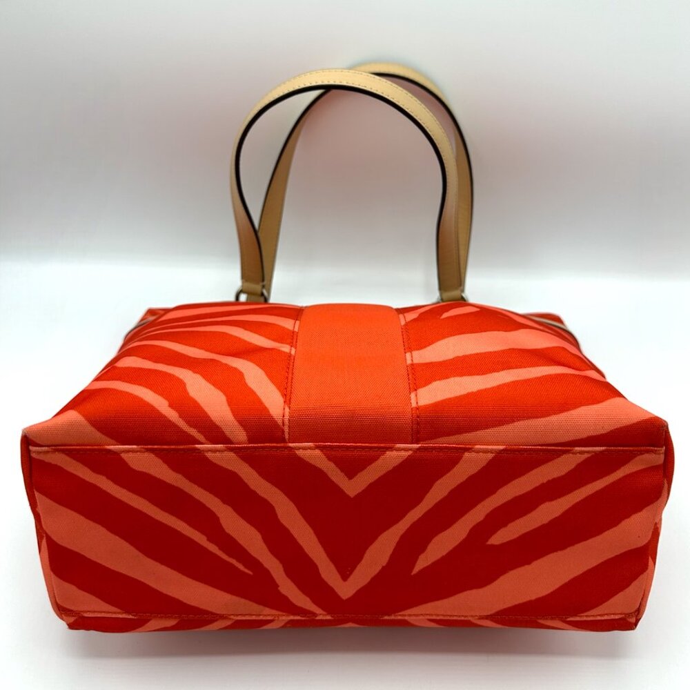 💰SALE💰 COACH Signature Fabric Orange/Tan Zebra Print Tote w/Leather Trim - Picture 6 of 14